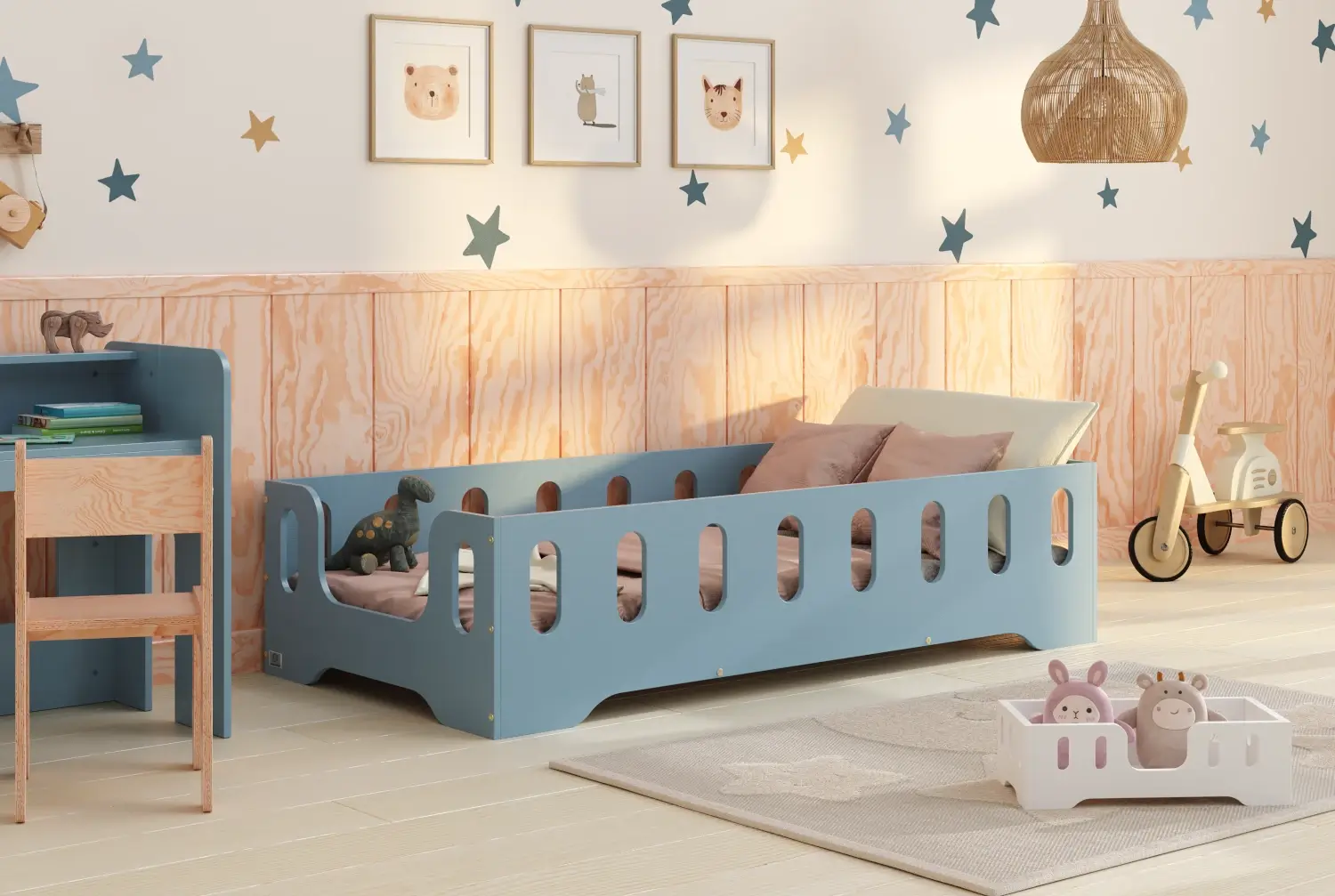 Łóżko pojedyncze dla dzieci z barierką i stelażem TILA 2 Montessori Drewniane